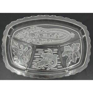 Vintage MCM Tiara Glass Large 4-Part‎ Divided Crudite Relish Dish Etched Frosted